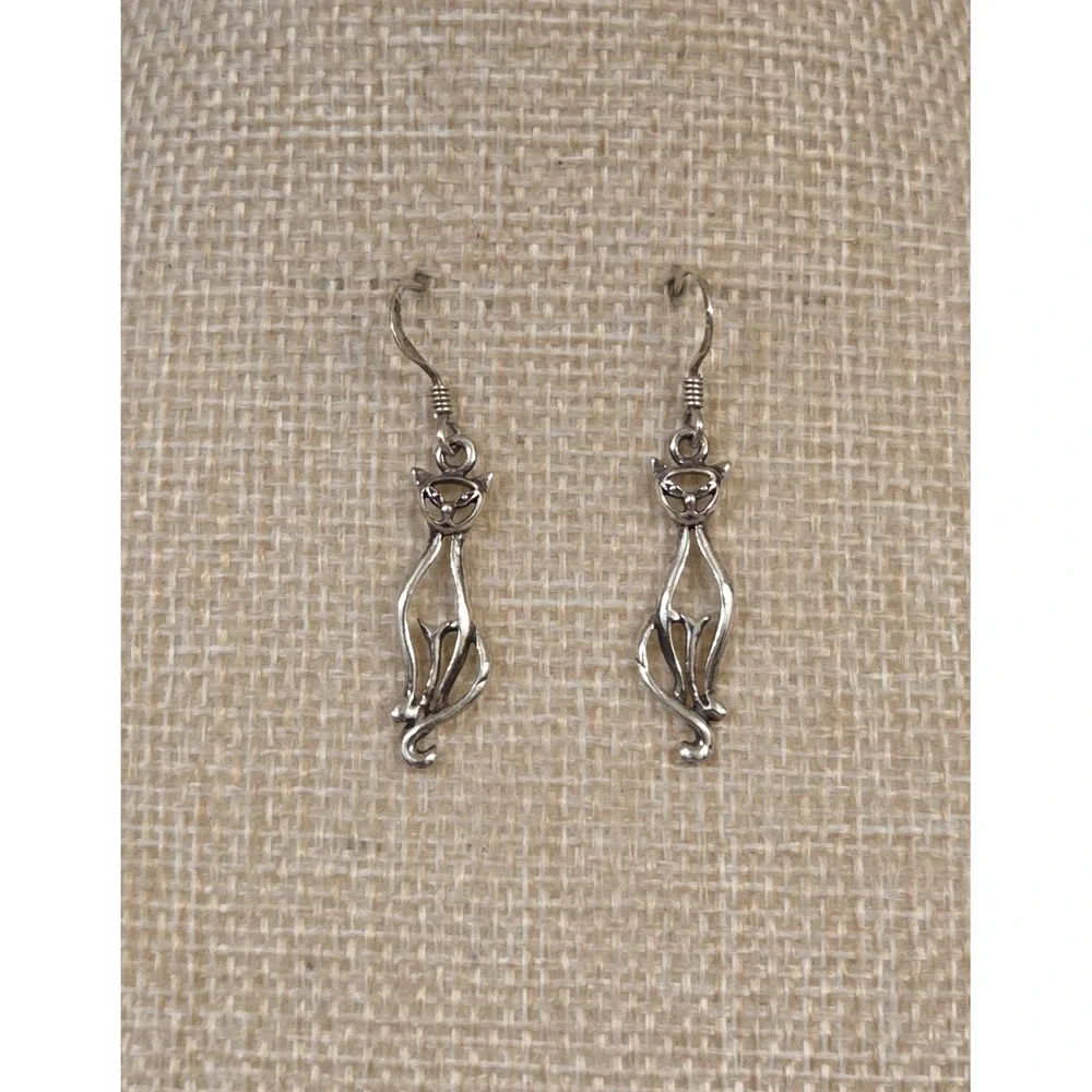 Vintage Suvani Sterling Silver Tall Cat Dangle Earrings